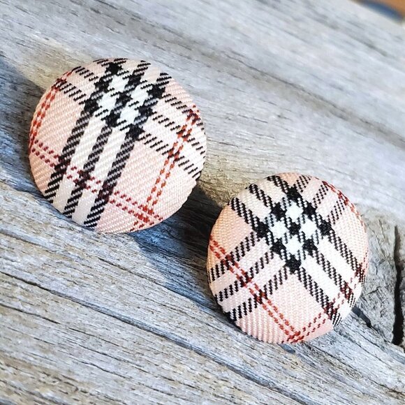 Pink Black White Tartan Plaid Fabric Button Earrings - Picture 2 of 5